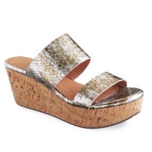 Chocolat Blu Metallic Gold Double-Strap Cork Wedge Sandals